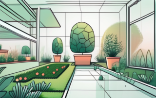 A futuristic garden with advanced technology like robotic lawn mowers