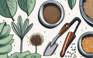 Various types of seeds scattered on a garden table with gardening tools and a lush garden in the background
