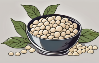 Soy flakes in a bowl with a soybean plant in the background