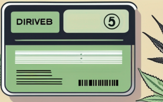 A german driver's license surrounded by cannabis leaves and a balance scale