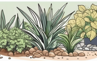 Over-fertilized plants showing signs of damage (such as yellowing leaves or stunted growth) in a lush garden