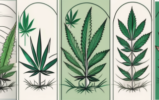 Several different cannabis plants with a medical cross symbol incorporated subtly into each plant to signify their medical use