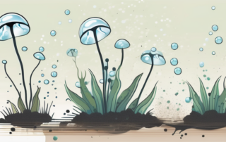 A scene where a few fungus gnats (trauermücken) are being repelled by bubbles coming out from a plant's soil