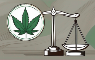 A cannabis leaf sitting on a scale of justice