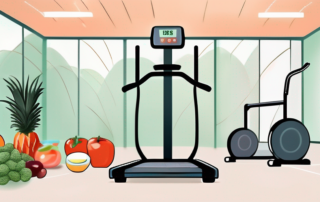 A balanced scale with healthy food on one side and workout equipment on the other