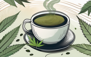 A steaming cup of hemp tea with hemp leaves scattered around