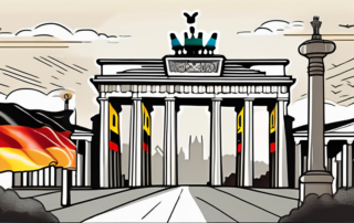 The german flag flying high over a diverse landscape depicting various landmarks such as the brandenburg gate