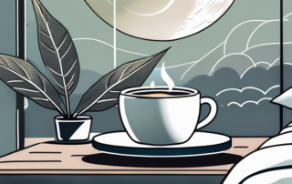 A tranquil night scene featuring a steaming cup of hemp tea on a bedside table
