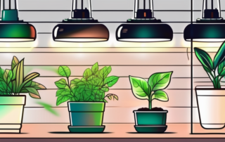 Several different styles and types of led grow lamps shining brightly over a variety of healthy