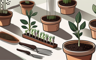 Various types of old seeds sprouting in small pots with gardening tools nearby