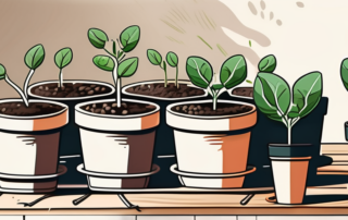 Various types of sprouts being planted in small pots with gardening tools nearby