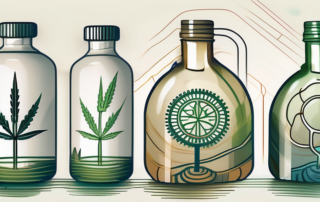 A hemp oil bottle next to a stylized representation of a metabolic process