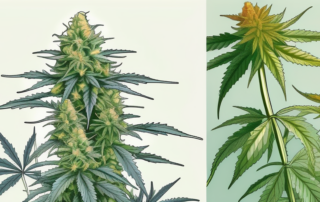 A mature cannabis plant with visible height measurements next to it for scale