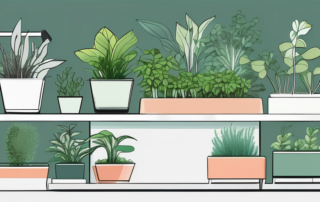 An indoor garden system with various plants growing in sleek