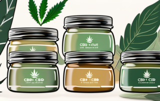 Several jars of cbd salve with hemp leaves in the background
