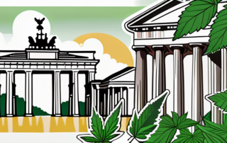 A german landscape with cannabis plants growing in the foreground and iconic german landmarks like the brandenburg gate and cologne cathedral in the background