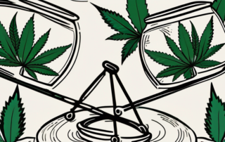 A balanced scale with a marijuana leaf on one side and a legal gavel on the other