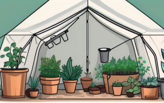 An ultimate grow tent setup complete with various gardening tools