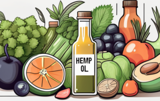 A bottle of hemp oil surrounded by various healthy foods like fruits and vegetables