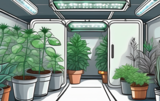 An ultimate grow tent set up with led lights illuminating various plants inside