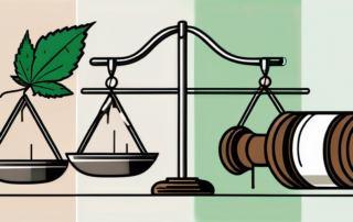 A balanced scale with a cannabis leaf on one side and a gavel on the other