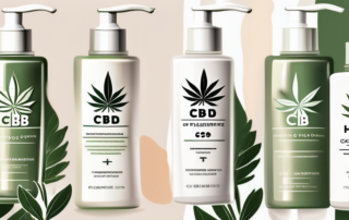 A variety of skincare products like creams and lotions with hemp leaves incorporated into the design