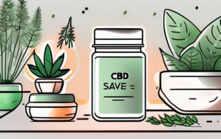 A cbd salve jar surrounded by various types of plants and herbs used in its making