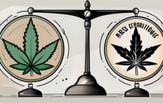 A balanced scale with a cannabis leaf on one side and a prohibition sign on the other
