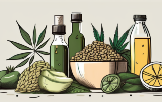 A bottle of hemp oil surrounded by various healthy foods and a measuring tape