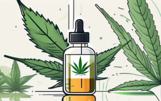 A cbd oil dropper bottle with a hemp leaf in the background