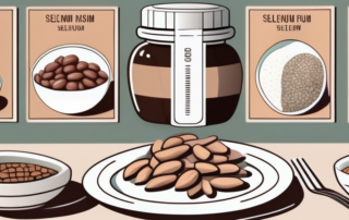 A selenium supplement bottle with a glass of water and a plate of selenium-rich foods like brazil nuts