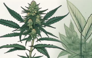 A mature cannabis plant with a scale next to it to indicate its size