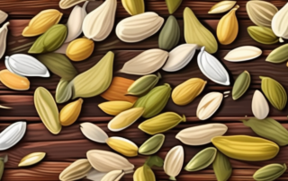 Different types of pumpkin seeds in various colors and sizes