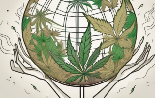 A globe with various cannabis plants emerging from it