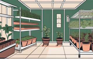 A well-organized indoor gardening setup with various stages of thc plants growing under specialized lights