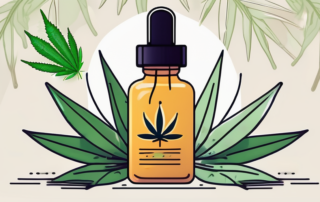 A dropper bottle of cannabidiol (cbd) oil surrounded by hemp leaves