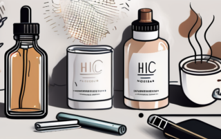 A bottle of hhc liquid placed on a table with a vaporizer next to it