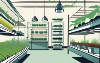 A complete hydroponic growing system with various plants at different stages of growth