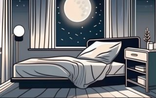 A peaceful bedroom scene with a bottle of magnesium supplements on the nightstand