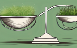 A scale balancing a small bag of grass on one side and common household items on the other side