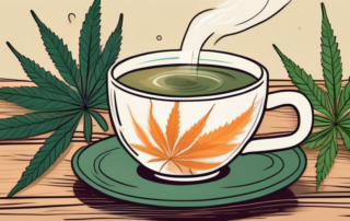 A steaming cup of hemp tea on a rustic wooden table