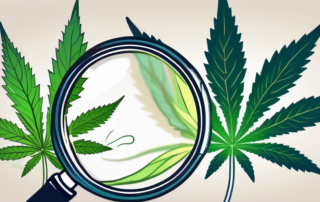 A cannabis leaf with a magnifying glass focusing on it