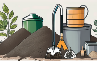 Over-fertilized plants showing signs of damage alongside a variety of tools for remediation