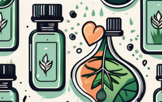A cbd oil dropper bottle with drops falling into a stylized representation of various health symbols (like a heart