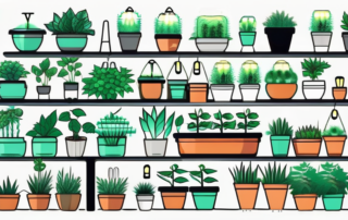 Several different types of led grow lamps shining brightly over a variety of healthy