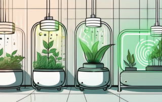 Several grow plants in a controlled indoor environment with a visible thermostat indicating an optimal temperature