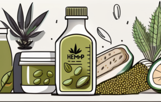 A bottle of hemp seed oil with a measuring tape wrapped around it