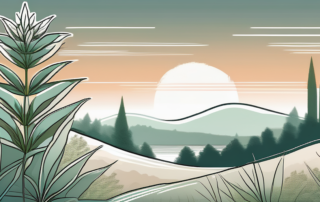 A calming landscape with a hemp plant in the foreground