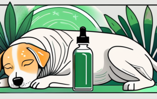 A dog peacefully resting with a bottle of cbd oil nearby