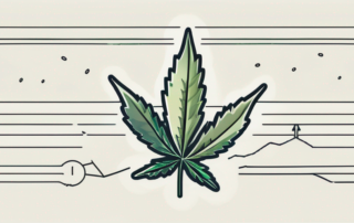 A cannabis leaf with an upward arrow